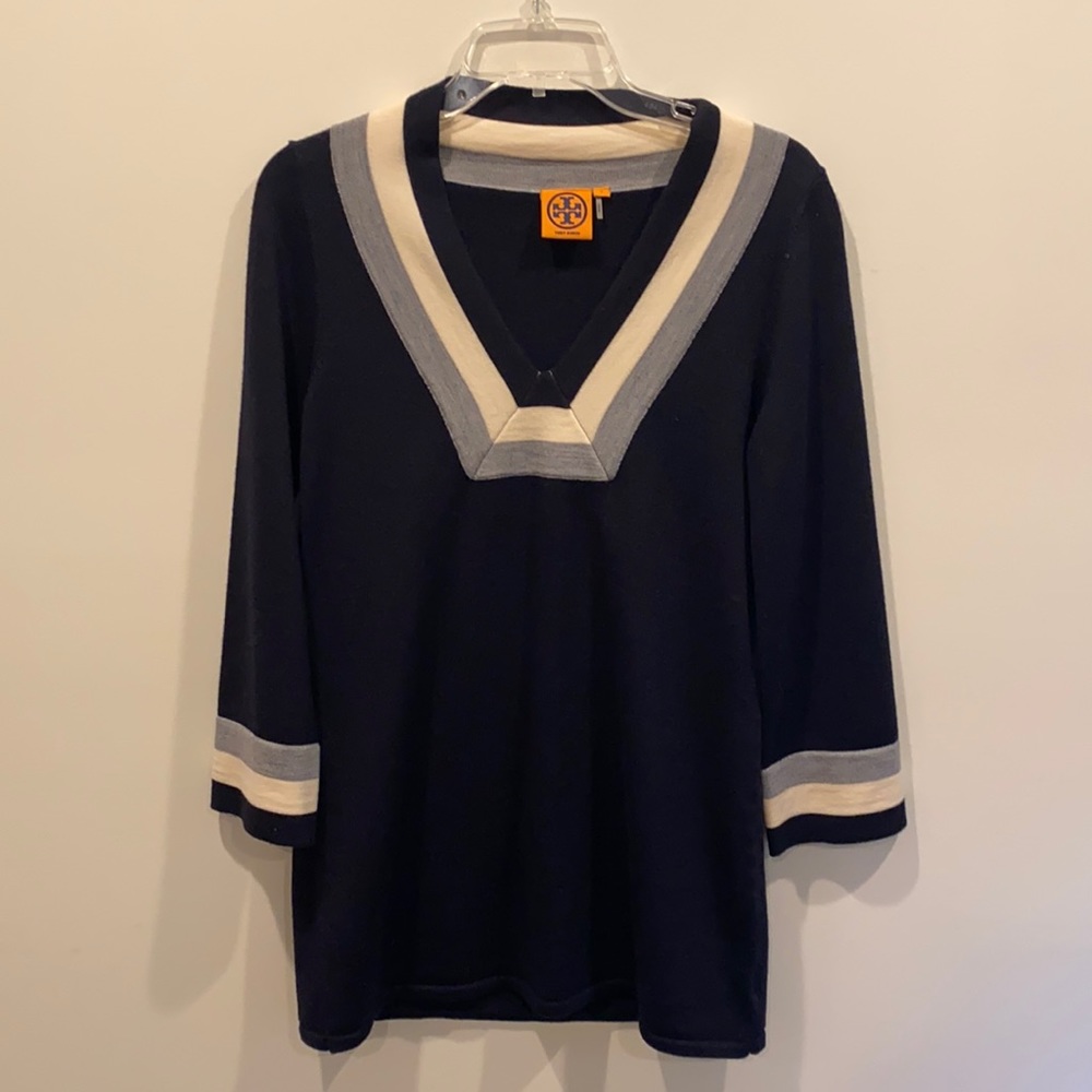 Tori Burch Navy, Gray and Cream Merino Wool Top, Size S